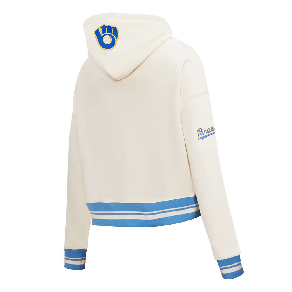 MLB MILWAUKEE BREWERS RETRO CLASSIC WOMEN'S RIB CROPPED PULLOVER HOODIE (EGGSHELL/ UNIVERSITY BLUE) - Image 4