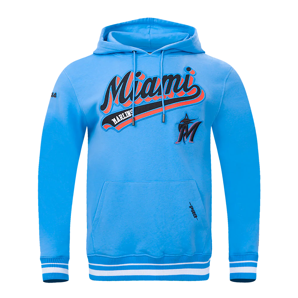 MLB MIAMI MARLINS SCRIPT TAIL MEN'S RIB FLEECE PULLOVER HOODIE (UNIVERSITY BLUE)