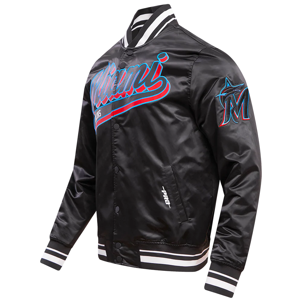 MLB MIAMI MARLINS SCRIPT TAIL MEN'S SATIN JACKET (BLACK) - Image 2