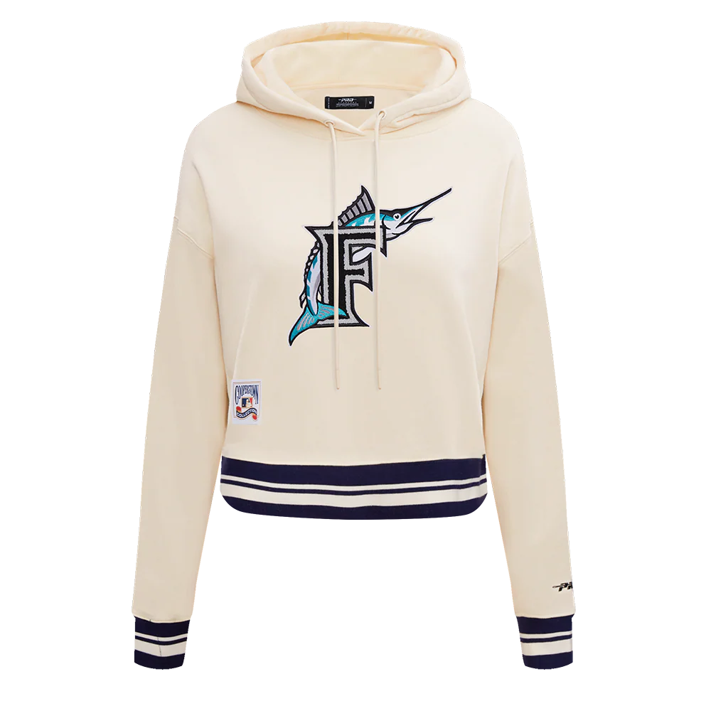 MLB FLORIDA MARLINS RETRO CLASSIC WOMEN'S CROPPED PULLOVER HOODIE (EGGSHELL/ BLACK)
