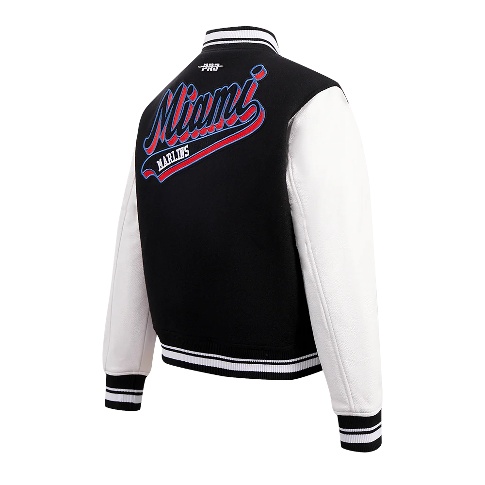 MLB MIAMI MARLINS SCRIPT TAIL WOMEN'S WOOL VARSITY JACKET (BLACK/WHITE) - Image 4