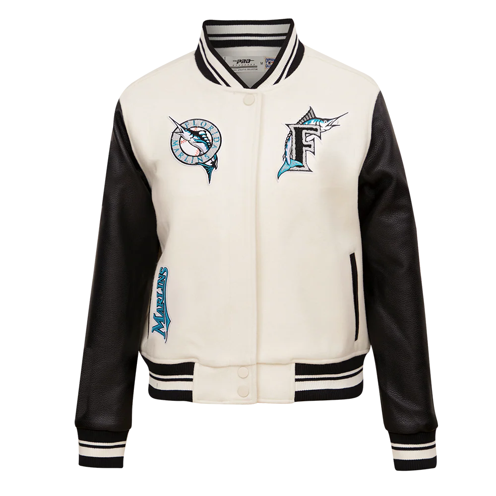 MLB FLORIDA MARLINS RETRO CLASSIC WOMEN'S RIB WOOL VARSITY JACKET (EGGSHELL/ BLACK)