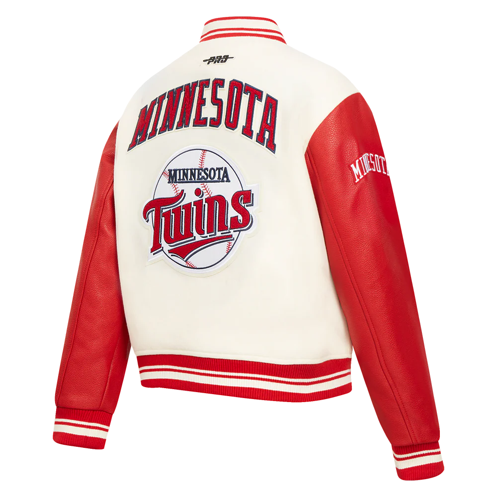 MLB MINNESOTA TWINS RETRO CLASSIC WOMEN'S RIB WOOL VARSITY JACKET (EGGSHELL/ RED) - Image 4