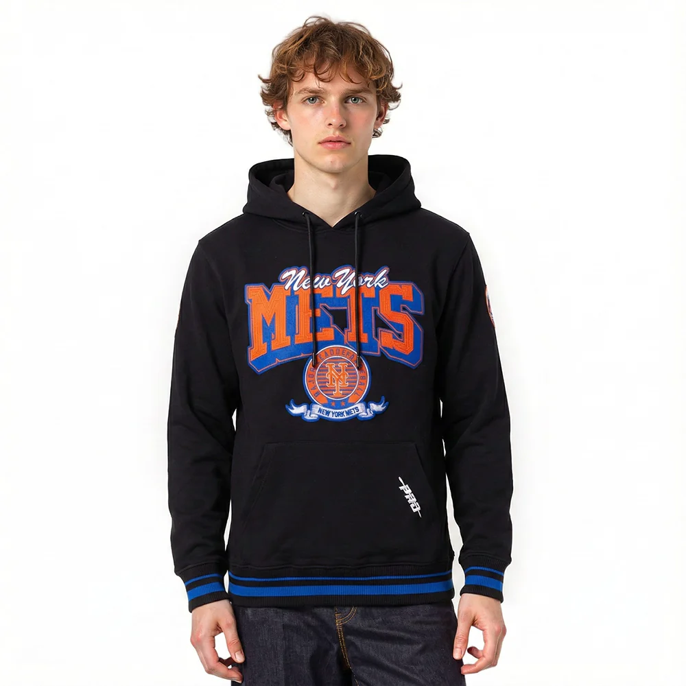MLB NEW YORK METS TEAM BADGE MEN'S RIB FLC PO HOODIE (BLACK/ROYAL BLUE/BLACK)