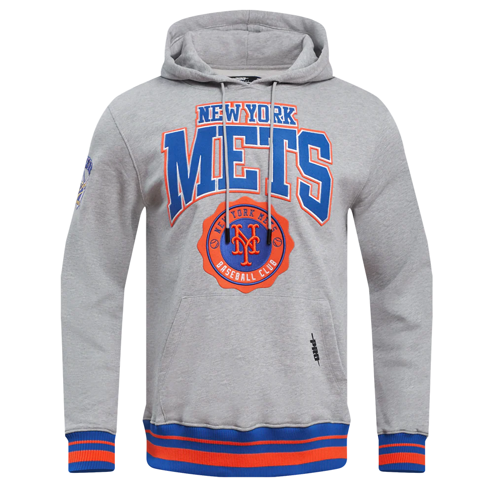 MLB NEW YORK METS CREST EMBLEM MEN'S RIB PO HOODIE (HEATHER GREY/ROYAL/ORANGE)