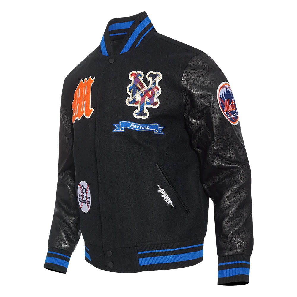 MLB NEW YORK METS PRO PREP MEN'S WOOL VARSITY JACKET (BLACK/ROYAL BLUE/BLACK) - Image 2