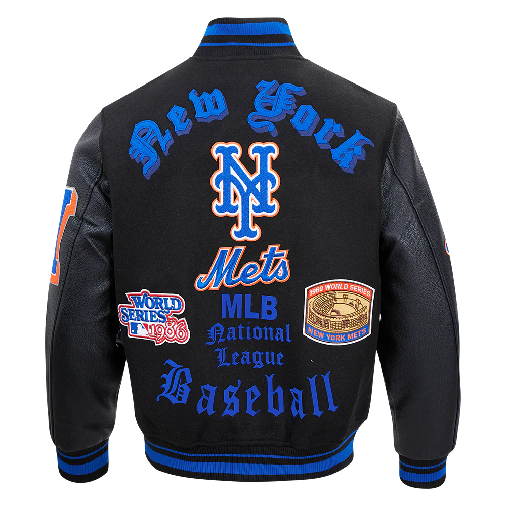 MLB NEW YORK METS OLD ENGLISH MEN'S RIB WOOL VARSITY JACKET (BLACK/ROYAL BLUE/BLACK) - Image 4