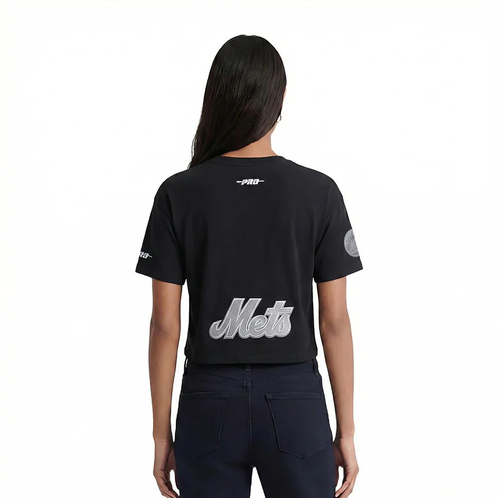 MLB NEW YORK METS REVERSE FRENCH TERRY WOMEN'S SINGLE JERSEY BOXY TOP (BLACK) - Image 2