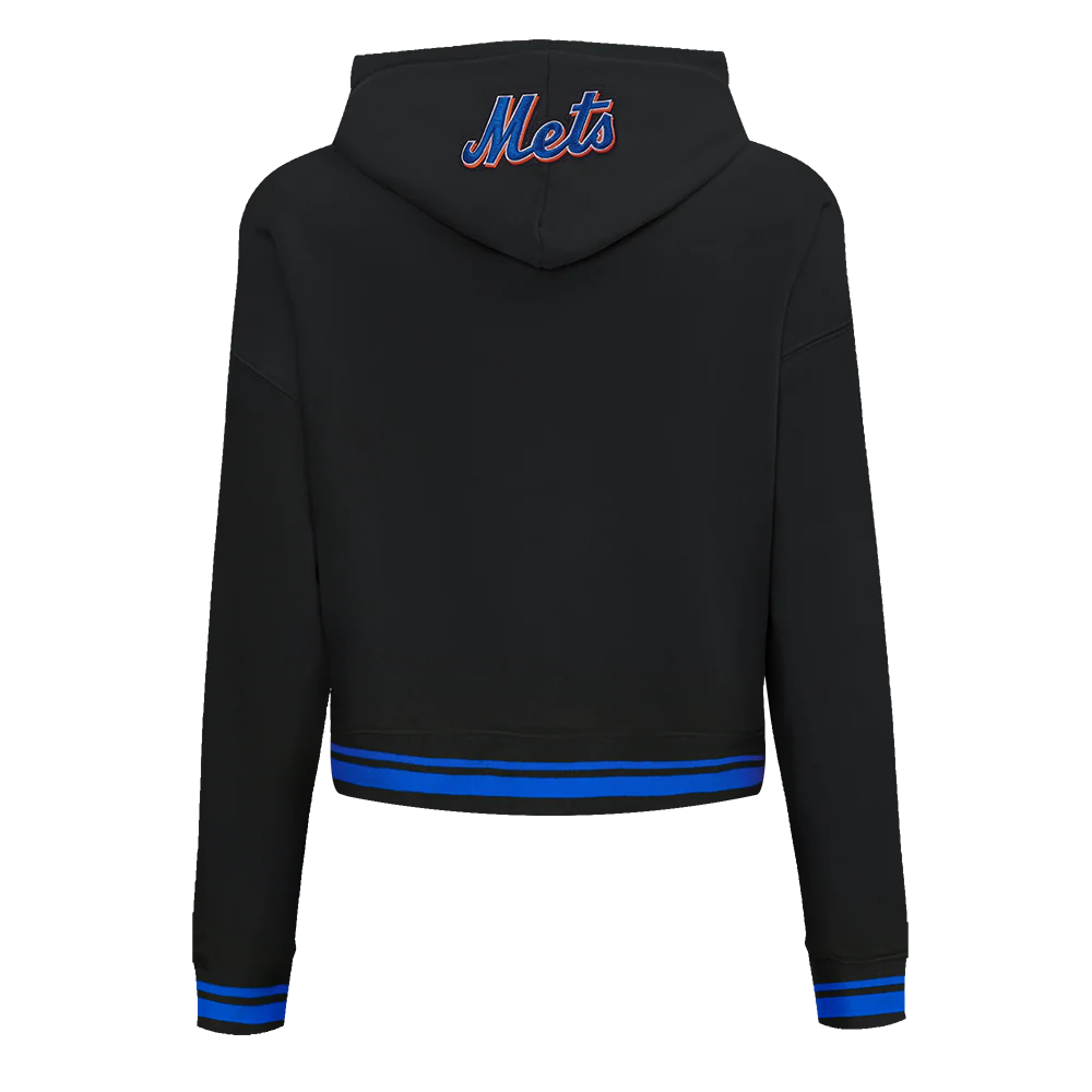 MLB NEW YORK METS SCRIPT TAIL WOMEN'S RIB FLEECE CROPPED PULLOVER HOODIE (BLACK/ROYAL BLUE/BLACK) - Image 3