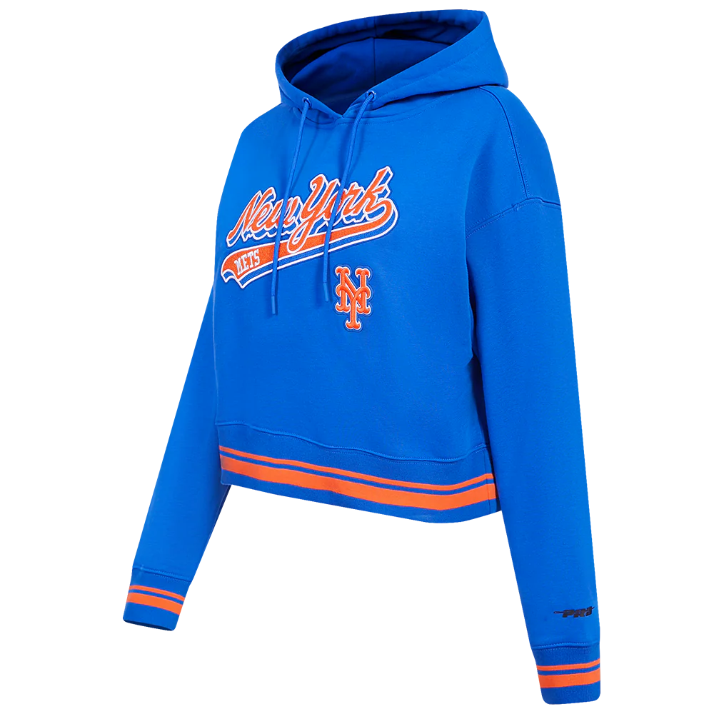 MLB NEW YORK METS SCRIPT TAIL WOMEN'S RIB FLEECE CROPPED PULLOVER HOODIE (ROYAL/ORANGE/ROYAL) - Image 2