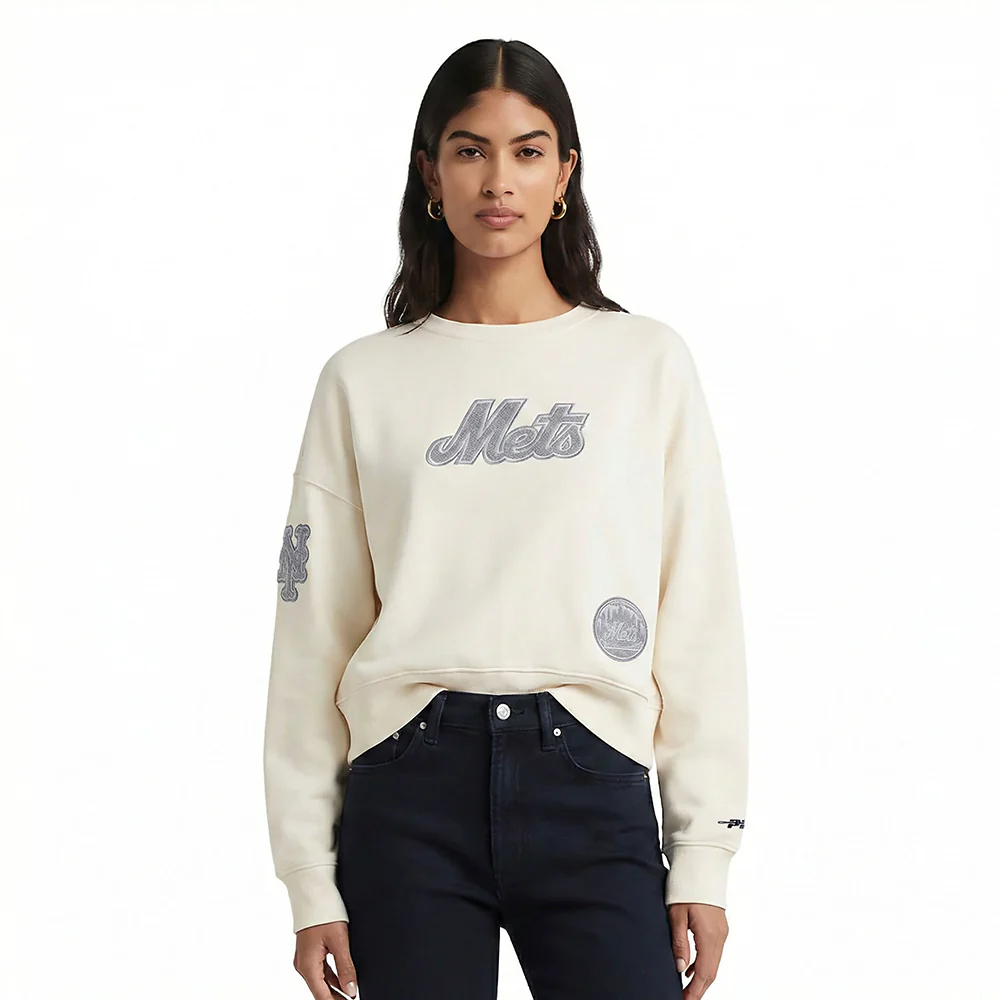 MLB NEW YORK METS REVERSE FRENCH TERRY WOMEN'S FLEECE CREWNECK (EGGSHELL)