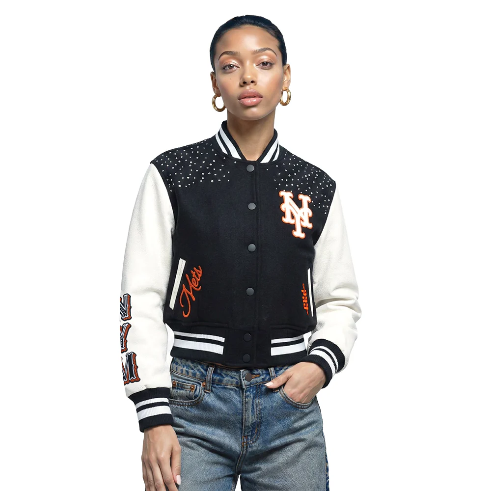MLB NEW YORK METS LEGACY WOMEN'S CROPPED RIB WOOL VARSITY JACKET (BLACK/WHITE)
