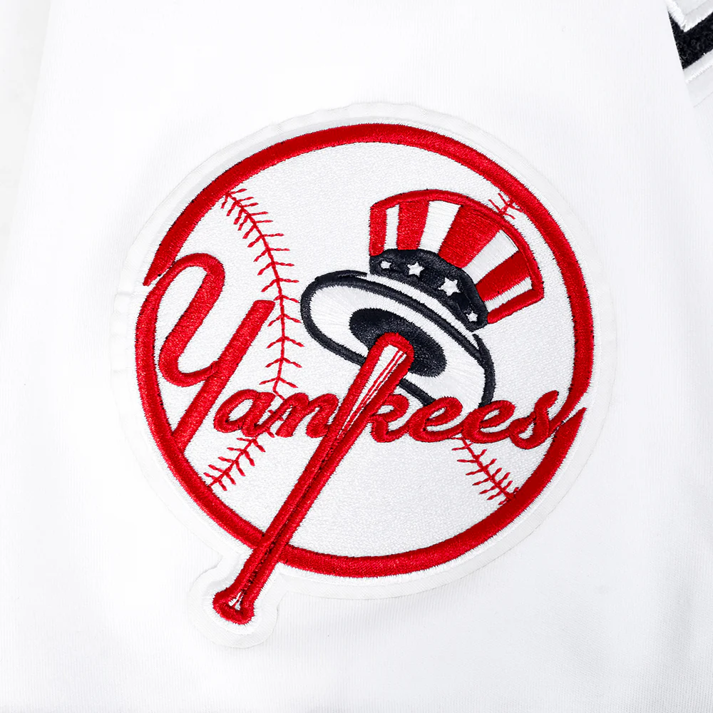 MLB NEW YORK YANKEES CLASSIC CHENILLE MEN'S DOUBLE KNIT SHORT SLEEVE PULLOVER HOODIE (WHITE/MIDNIGHT NAVY) - Image 7
