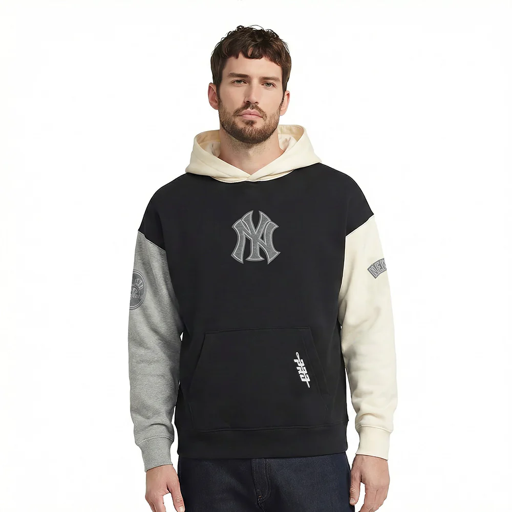 MLB NEW YORK YANKEES REVERSE FRENCH TERRY MEN'S COLOR BLOCK FLEECE PULLOVER HOODIE (BLACK/GRAY/EGGSHELL)