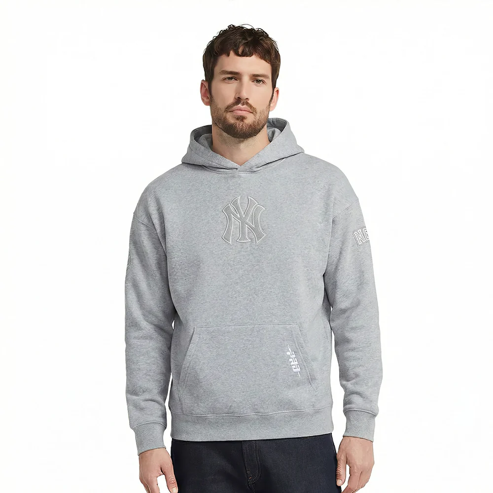 MLB NEW YORK YANKEES REVERSE FRENCH TERRY MEN'S DROP SHOULDER FLEECE PULLOVER HOODIE (DARK HEATHER GRAY)