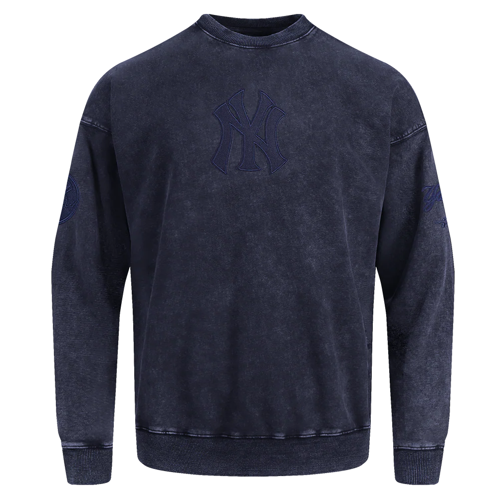 MLB NEW YORK YANKEES WASHED CLASSIC MEN'S ENZYME WASH DROP SHOULDER FT CREWNECK (WASHED MIDNIGHT NAVY)