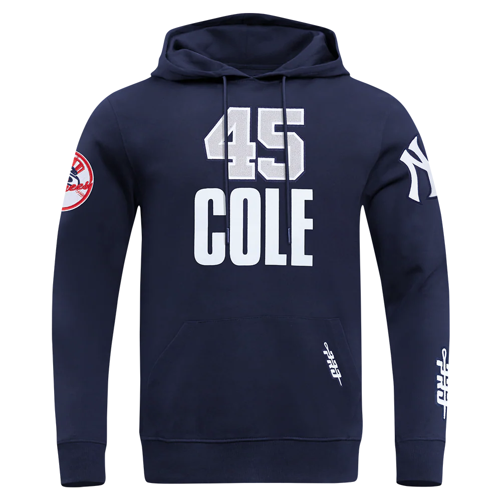 MLB NEW YORK YANKEES GERRIT COLE #45 CLASSIC PLAYER NAME AND NUMBER MEN'S DOUBLE KNIT PULLOVER HOODIE (MIDNIGHT NAVY)