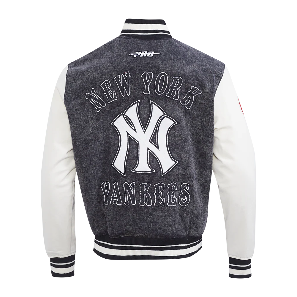 MLB NEW YORK YANKEES REBEL ATHLETICS MEN'S DENIM VARSITY JACKET (WASHED BLACK/EGGSHELL) - Image 3