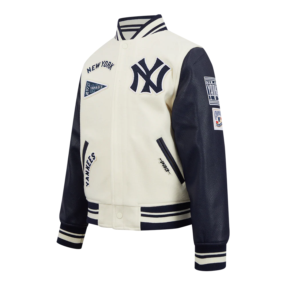 MLB NEW YORK YANKEES RETRO CLASSIC BIG BOYS RIB WOOL VARSITY JACKET (EGGSHELL/ MIDNIGHT NAVY) - Image 2