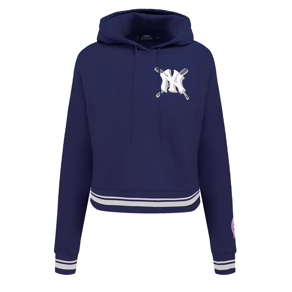 MLB NEW YORK YANKEES MASHUP WOMEN'S RIB CROPPED PULLOVER HOODIE (MIDNIGHT NAVY)