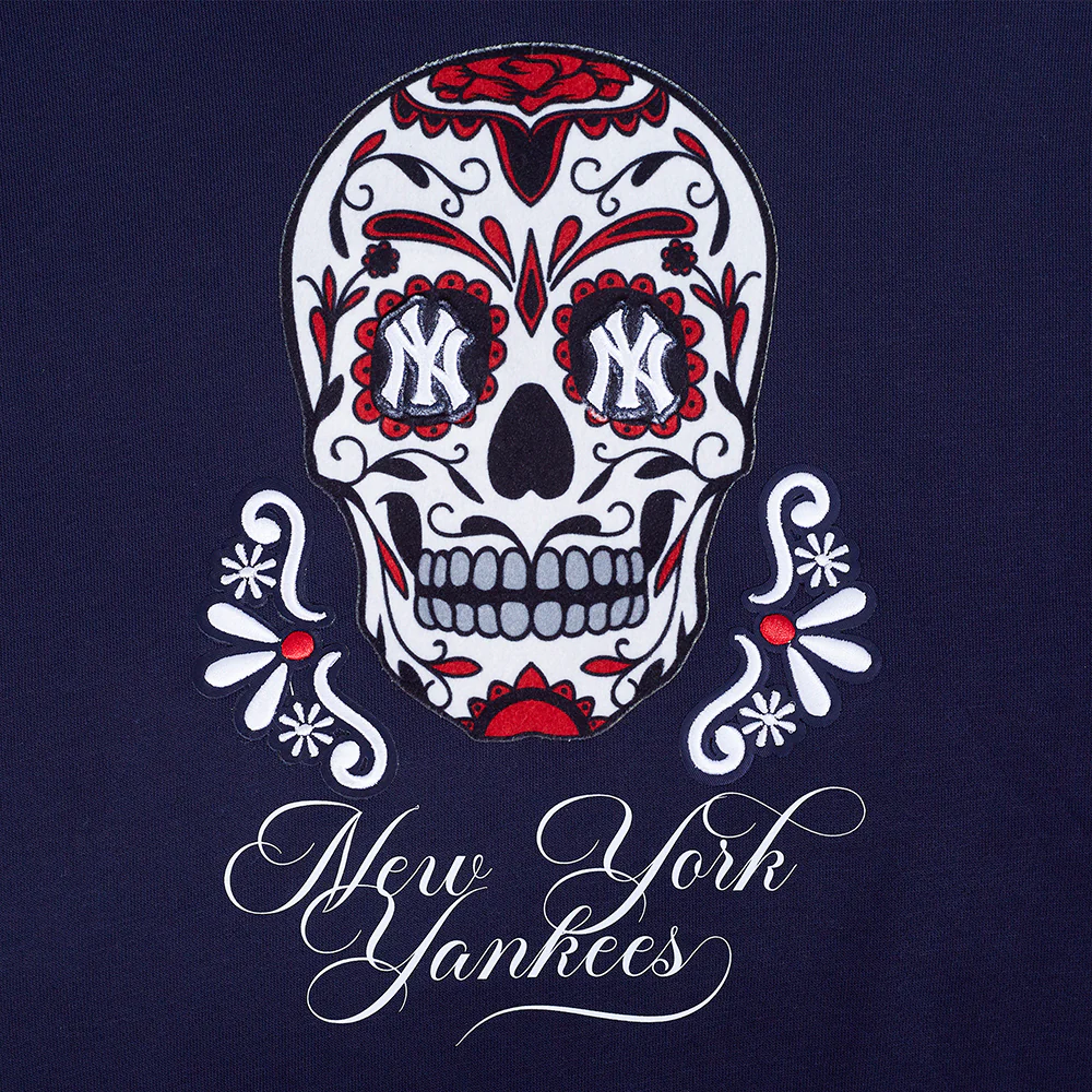 MLB NEW YORK YANKEES SUGAR SKULL WOMEN'S FLEECE CROPPED PULLOVER HOODIE (MIDNIGHT NAVY) - Image 5