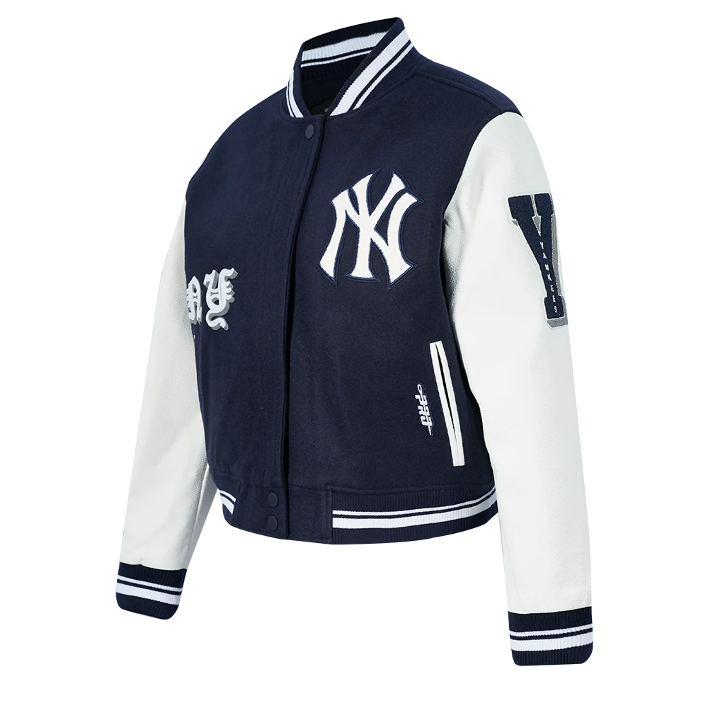 MLB NEW YORK YANKEES OLD ENGLISH WOMEN'S RIB WOOL VARSITY JACKET (MIDNIGHT NAVY/WHITE) - Image 2