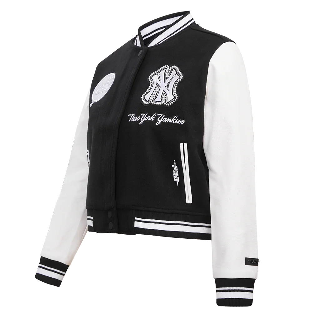MLB NEW YORK YANKEES PEARLS WOMEN'S RIB WOOL VARSITY JACKET (BLACK/WHITE) - Image 2