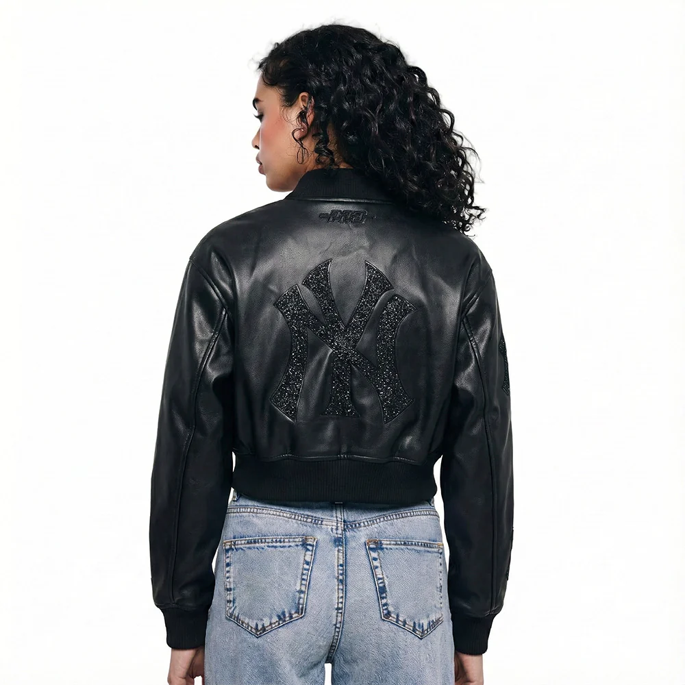 MLB NEW YORK YANKEES WASHED CRYSTALLINE WOMEN'S CROPPED LEATHER VARSIT (JET BLACK) - Image 2