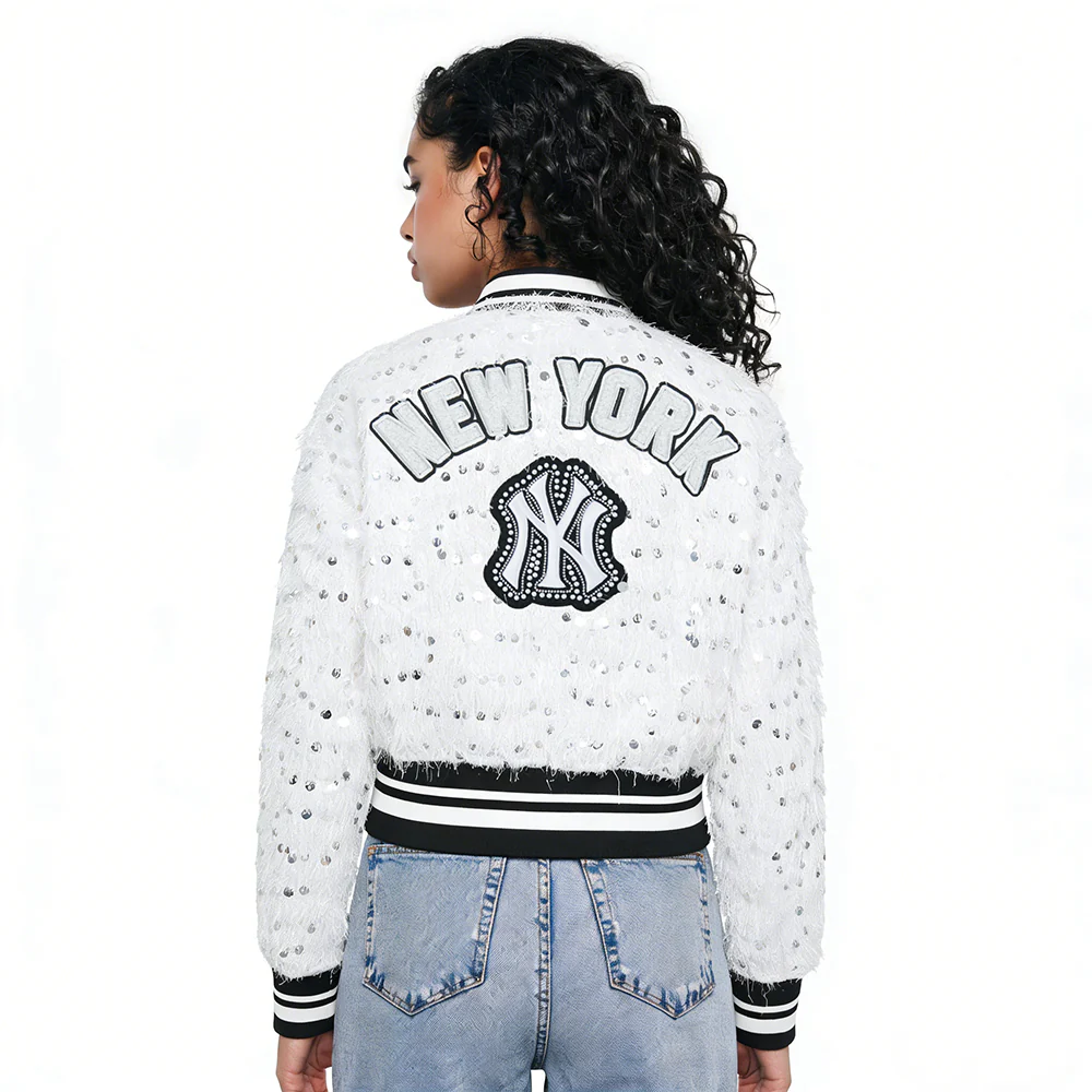 MLB NEW YORK YANKEES FASHION GLAM WOMEN'S CROPPED FAUX FEATHER JACKET (WHITE FRINGE)