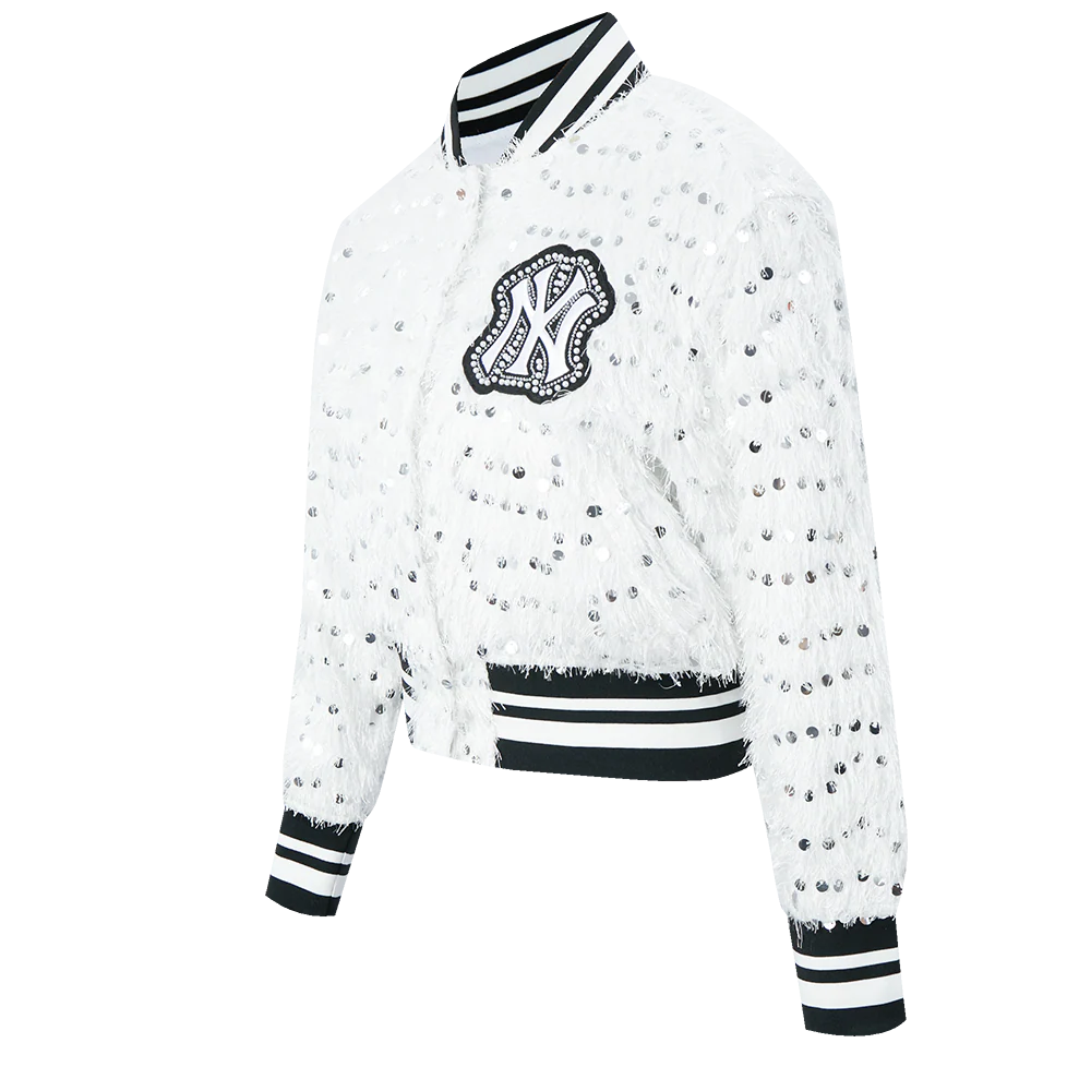 MLB NEW YORK YANKEES FASHION GLAM WOMEN'S CROPPED FAUX FEATHER JACKET (WHITE FRINGE) - Image 2