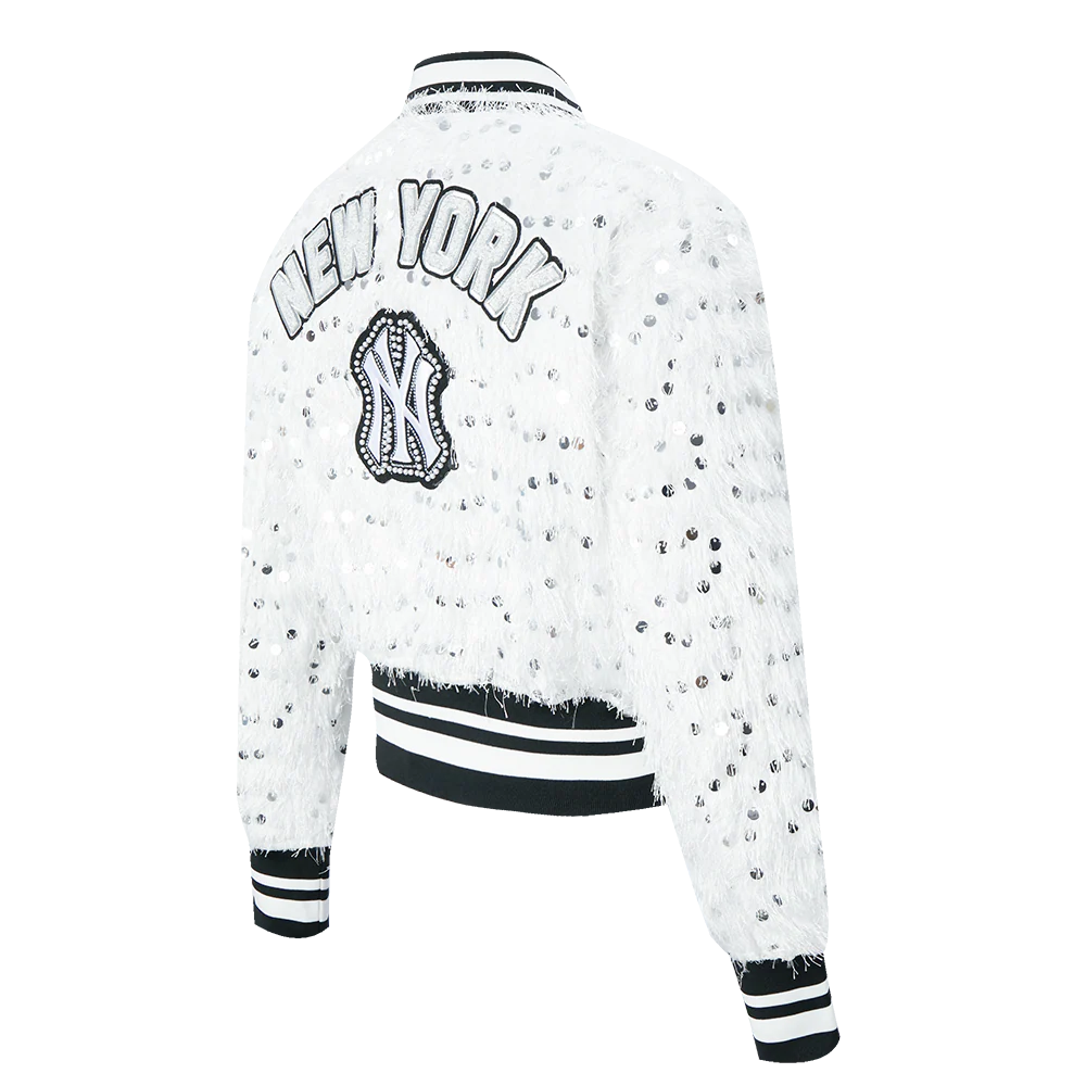 MLB NEW YORK YANKEES FASHION GLAM WOMEN'S CROPPED FAUX FEATHER JACKET (WHITE FRINGE) - Image 3