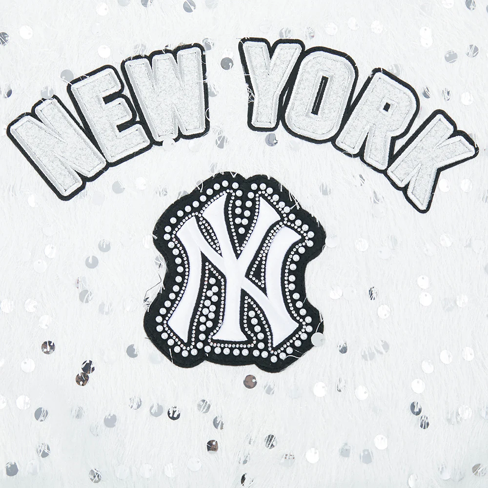 MLB NEW YORK YANKEES FASHION GLAM WOMEN'S CROPPED FAUX FEATHER JACKET (WHITE FRINGE) - Image 4