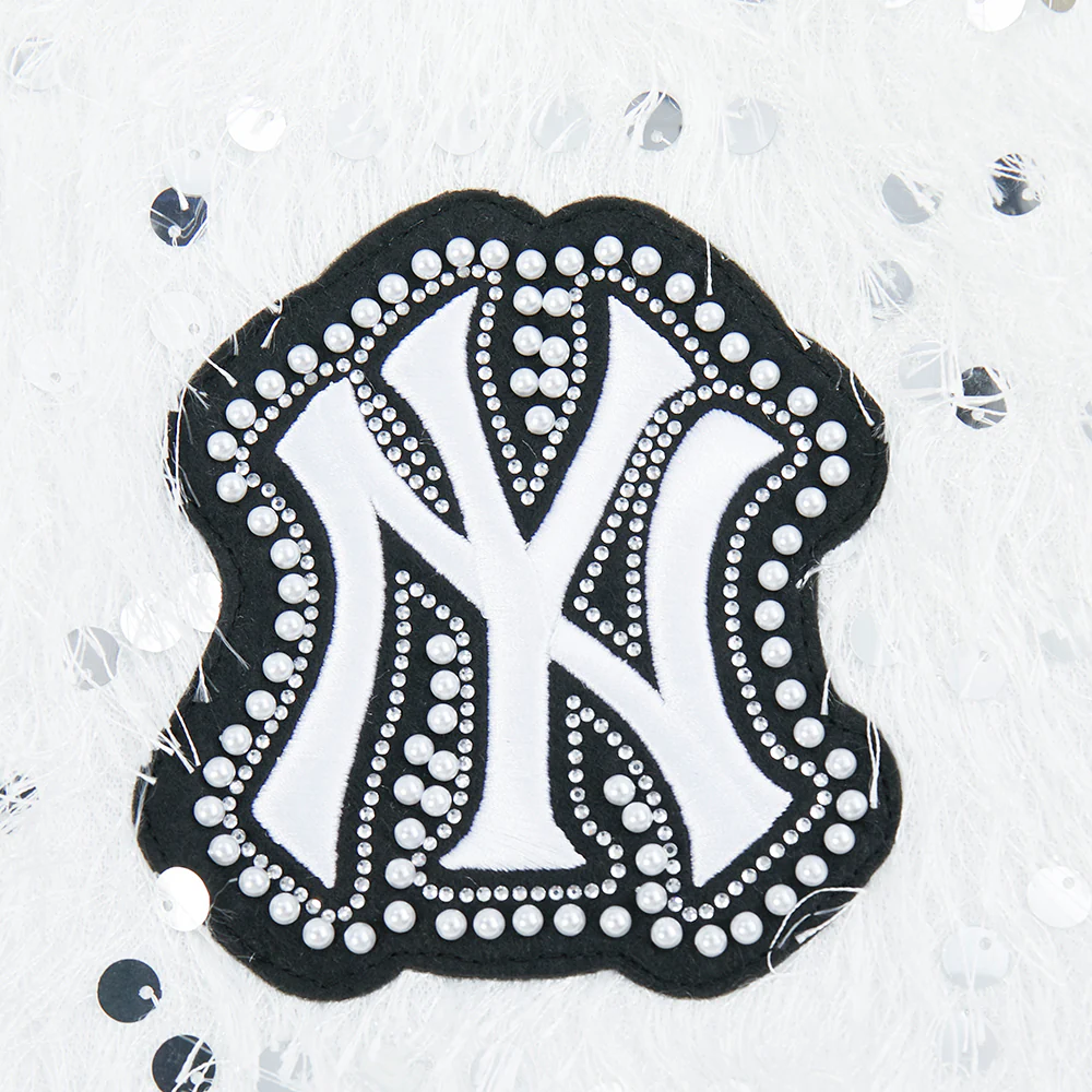 MLB NEW YORK YANKEES FASHION GLAM WOMEN'S CROPPED FAUX FEATHER JACKET (WHITE FRINGE) - Image 5