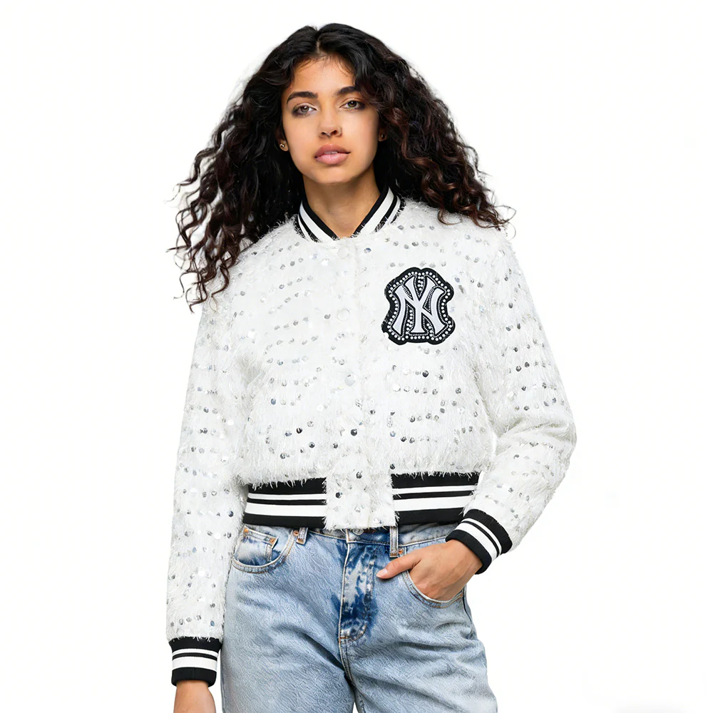 MLB NEW YORK YANKEES FASHION GLAM WOMEN'S CROPPED FAUX FEATHER JACKET (WHITE FRINGE) - Image 6