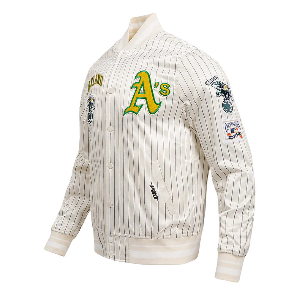 MLB OAKLAND ATHLETICS PINSTRIPE RETRO CLASSIC MEN'S RIB SATIN JACKET (EGGSHELL/ GREY) - Image 2