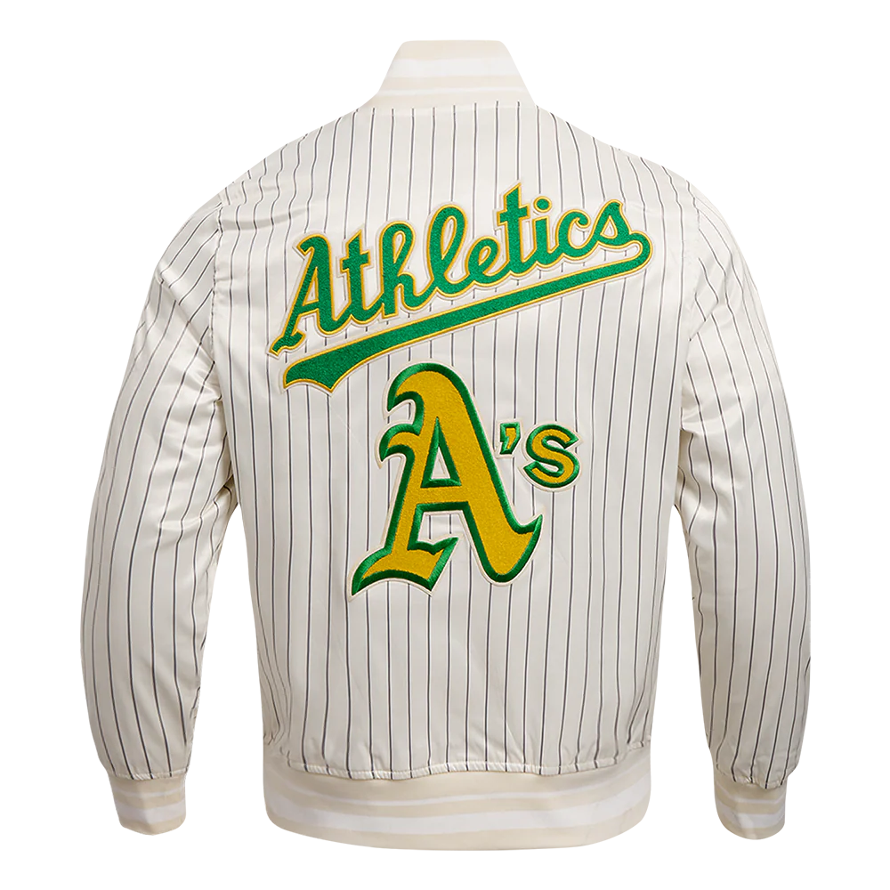 MLB OAKLAND ATHLETICS PINSTRIPE RETRO CLASSIC MEN'S RIB SATIN JACKET (EGGSHELL/ GREY) - Image 3