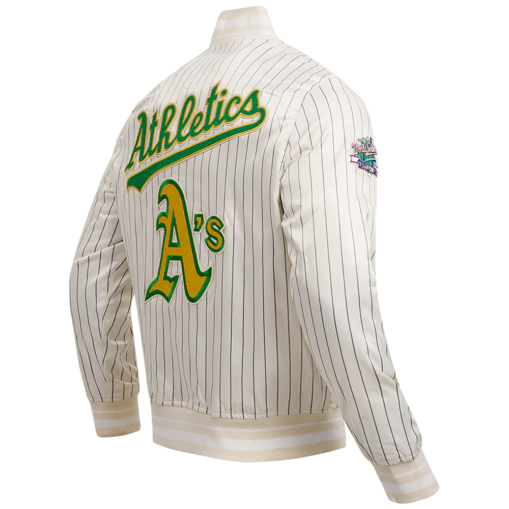 MLB OAKLAND ATHLETICS PINSTRIPE RETRO CLASSIC MEN'S RIB SATIN JACKET (EGGSHELL/ GREY) - Image 4