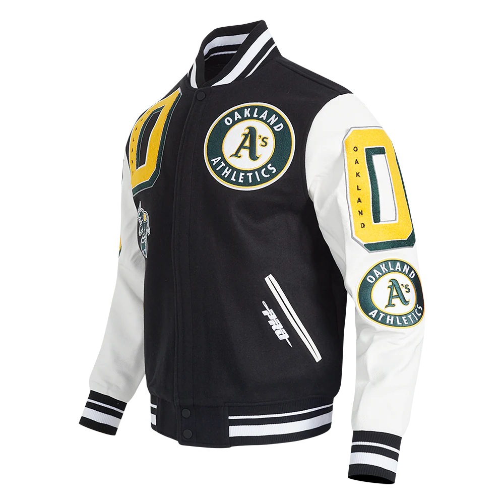 MLB OAKLAND ATHLETICS MASHUP MEN'S RIB WOOL VARSITY JACKET (BLACK/WHITE) - Image 2