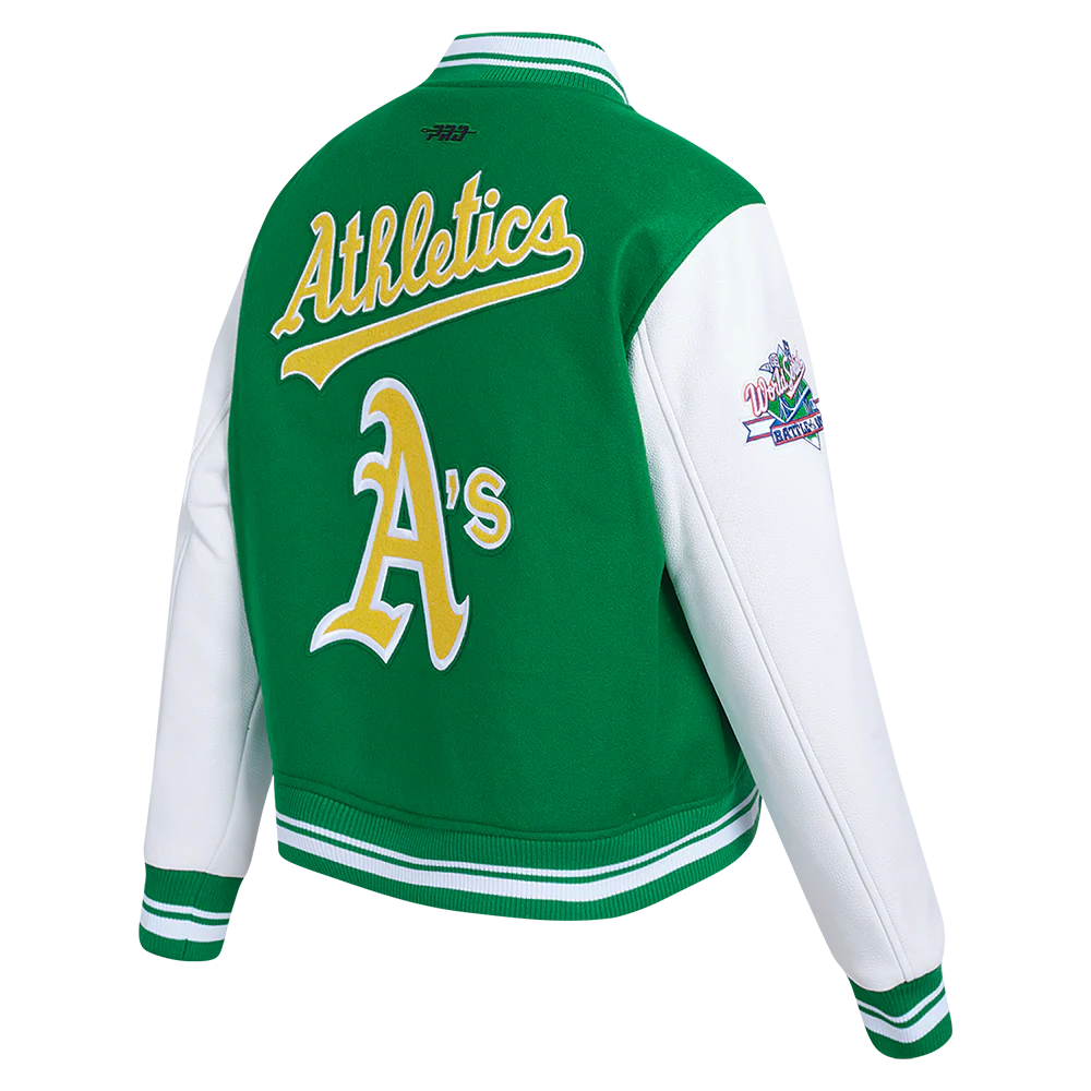 MLB OAKLAND ATHLETICS RETRO CLASSIC WOMEN'S RIB WOOL VARSITY JACKET (KELLY GREEN/ WHITE) - Image 4