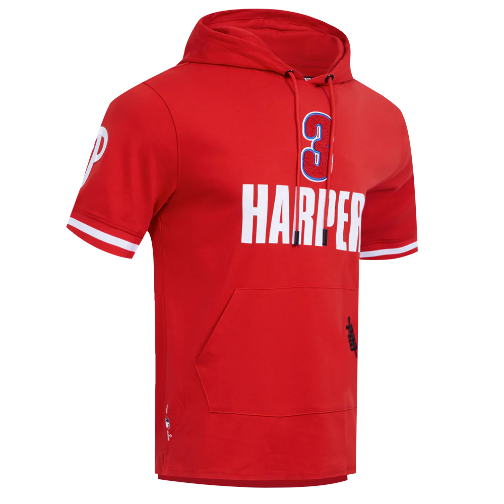 MLB PHILADELPHIA PHILLIES BRYCE HARPER #3 CLASSIC MEN'S SHORT SLEEVE PULLOVER HOODIE (RED) - Image 3