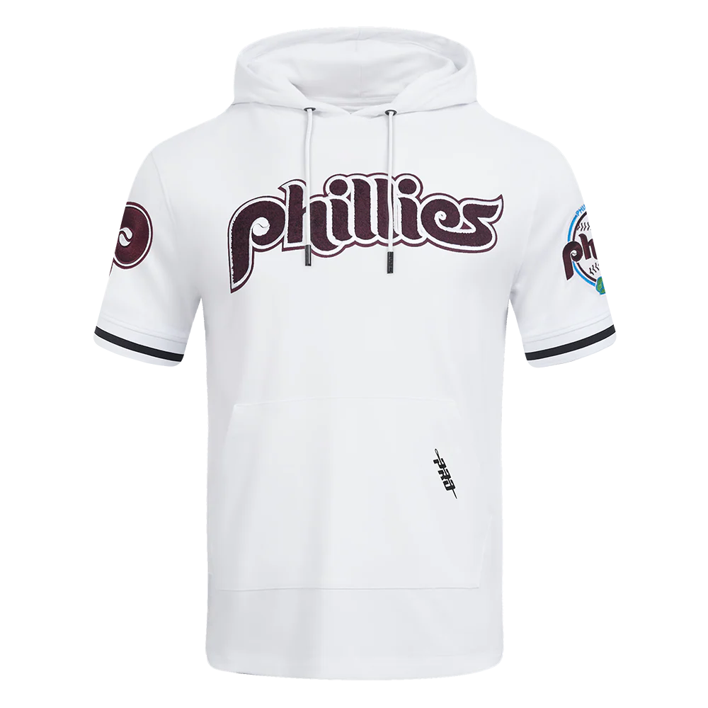MLB PHILADELPHIA PHILLIES CLASSIC CHENILLE MEN'S DOUBLE KNIT SHORT SLEEVE PULLOVER HOODIE (WHITE/BLACK)