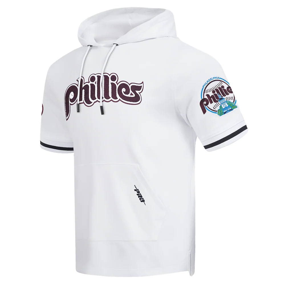 MLB PHILADELPHIA PHILLIES CLASSIC CHENILLE MEN'S DOUBLE KNIT SHORT SLEEVE PULLOVER HOODIE (WHITE/BLACK) - Image 2