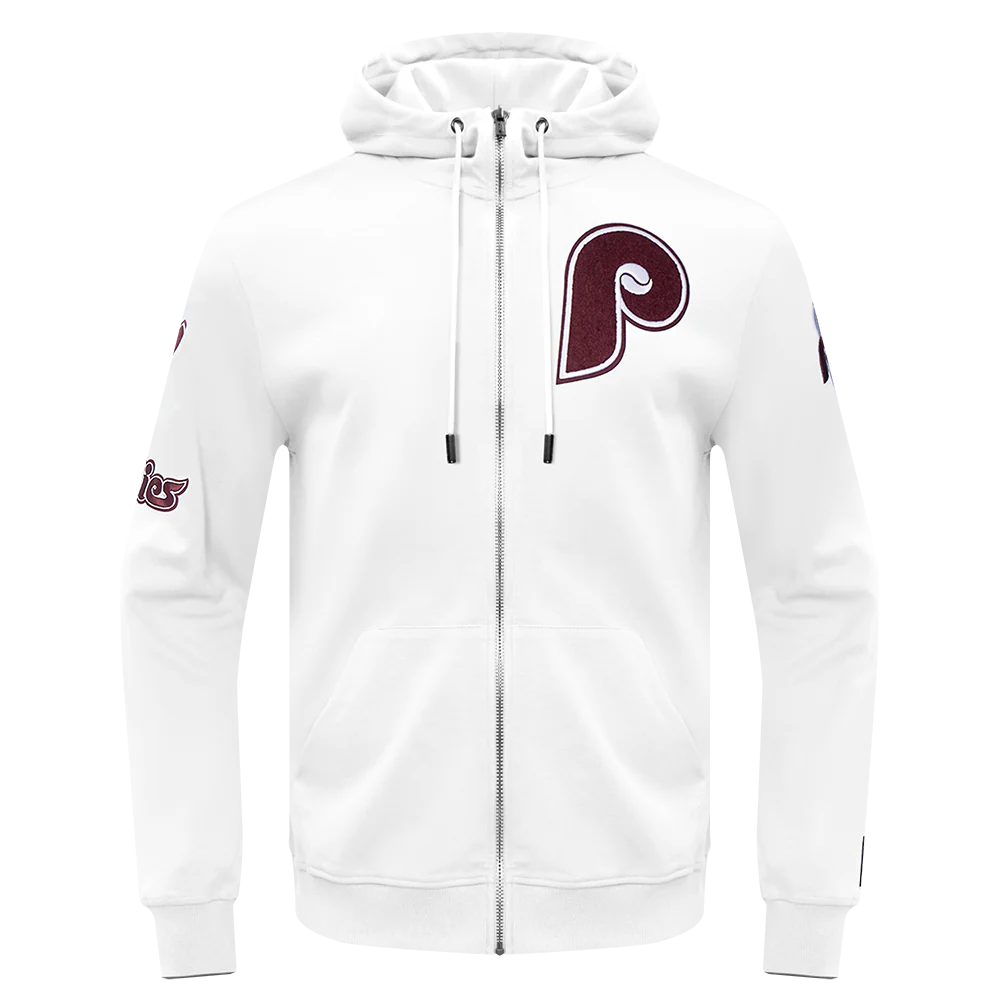 MLB PHILADELPHIA PHILLIES CLASSIC CHENILLE MEN'S FULL ZIP PULLOVER HOODIE (WHITE)