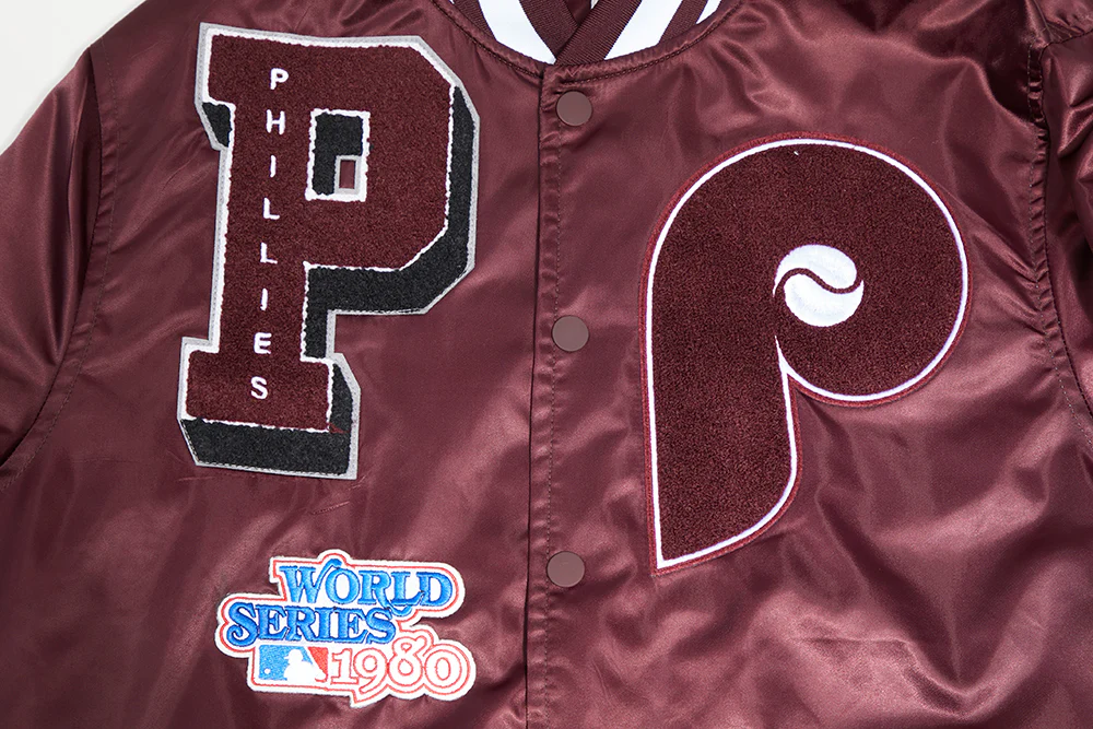 MLB PHILADELPHIA PHILLIES RETRO MASHUP MEN'S RIB SATIN JACKET (WINE) - Image 6