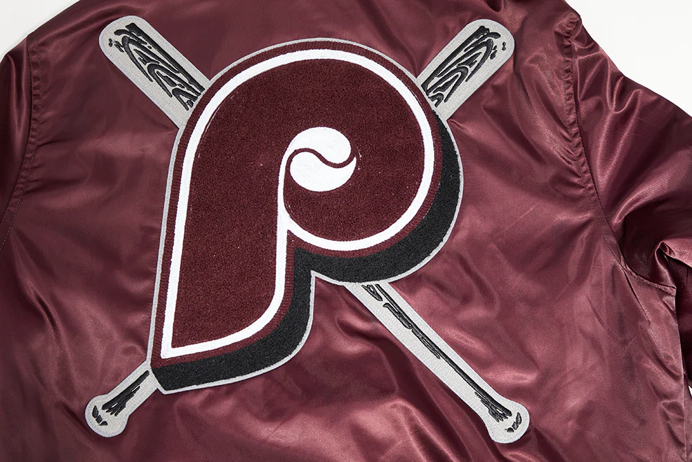 MLB PHILADELPHIA PHILLIES RETRO MASHUP MEN'S RIB SATIN JACKET (WINE) - Image 9