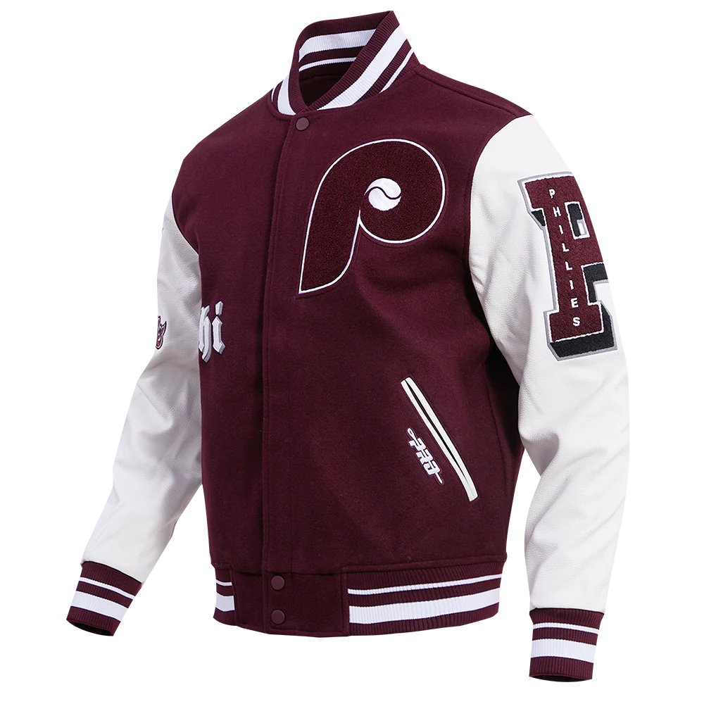 MLB PHILADELPHIA PHILLIES OLD ENGLISH WOOL MEN'S VARSITY JACKET (WINE/WHITE) - Image 3