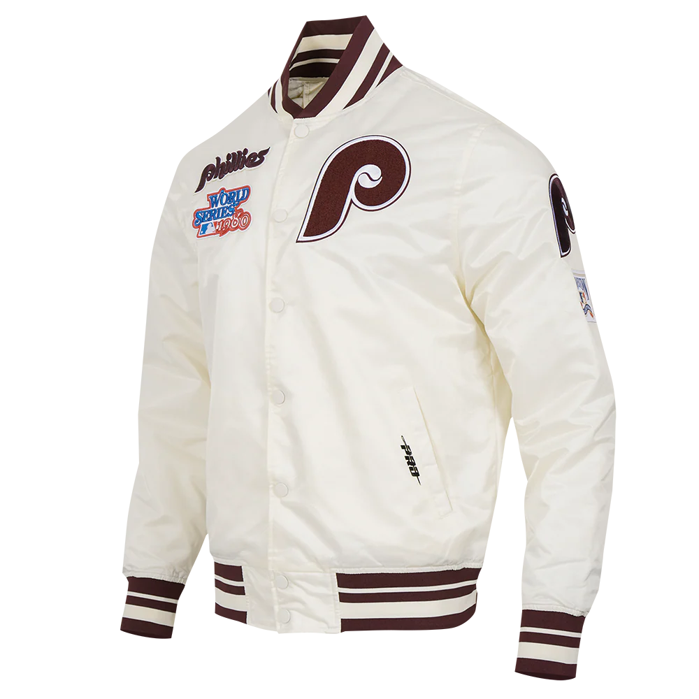 MLB PHILADELPHIA PHILLIES RETRO CLASSIC MEN'S RIB SATIN JACKET (EGGSHELL/WINE) - Image 2