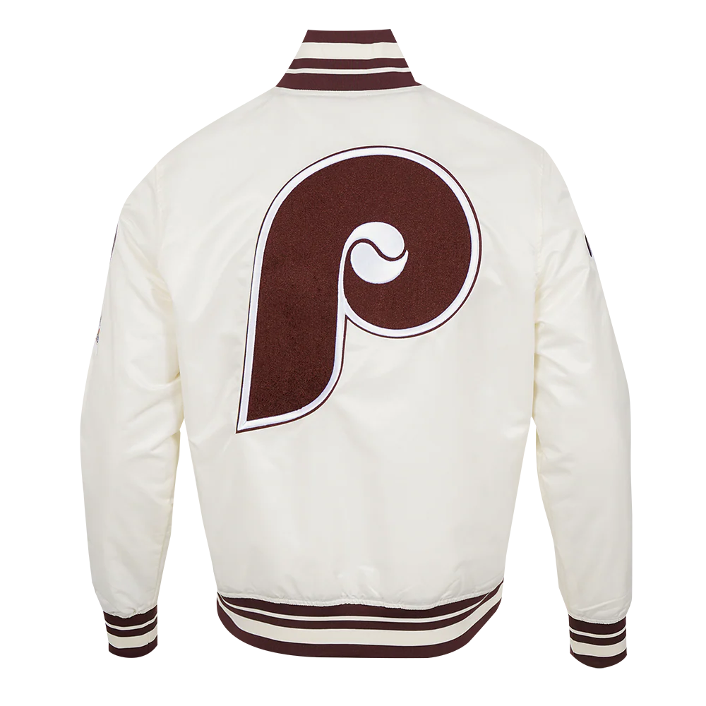 MLB PHILADELPHIA PHILLIES RETRO CLASSIC MEN'S RIB SATIN JACKET (EGGSHELL/WINE) - Image 3