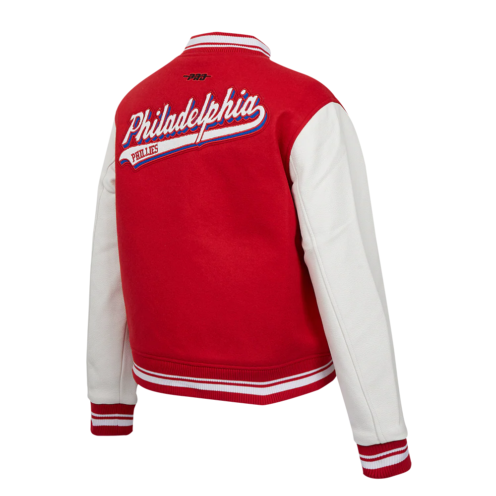 MLB PHILADELPHIA PHILLIES SCRIPT TAIL WOMEN'S WOOL VARSITY JACKET (RED/WHITE) - Image 4