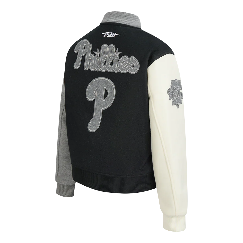 MLB PHILADELPHIA PHILLIES REVERSE FRENCH TERRY WOMEN'S WOOL VARSITY JA (BLACK/GRAY/EGGSHELL) - Image 8